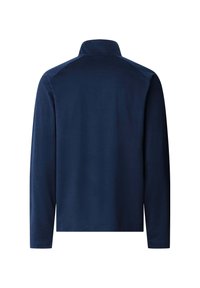 Pullover blu navy a maniche lunghe con colletto alto, visto da dietro su uno sfondo bianco.