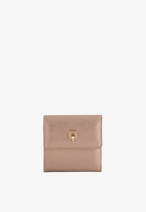 Rose gold leather wallet with a structured rectangular shape, textured surface, and a gold hardware accent. Fold-over design with a snap closure.