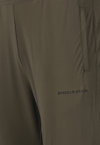 Olijfgroene sportshorts van lichte stof, met een zijzak en "ENDURANCE" in het zwart gedrukt. Glad oppervlak, moderne pasvorm.