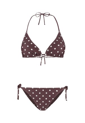 Ljubičasti bikini komplet s bijelim točkicama, trokutasti gornji dio s vezicama na vratu i leđima te odgovarajuće bikini hlačice s bočnim vezicama.