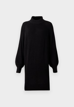 Robe pull noire en maille avec un col montant, des manches ballon amples et un motif texturé. Dotée de poignets et d'un ourlet côtelés.