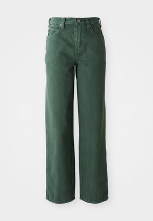 Jeans verdi a gamba larga realizzati in denim. Presentano un'alta vita, gambe dritte, tasche anteriori e chiusura con bottone metallico.