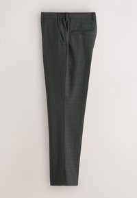 Dark gray dress pants with subtle check pattern, side pockets, back buttoned pocket, and elastic waistband section, laid flat on a light surface.