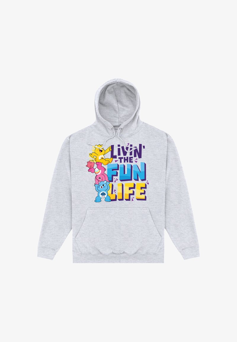 Sweat à capuche gris clair avec des Care Bears colorés empilés et le texte « Livin' the Fun Life » en lettres épaisses et ludiques sur le devant.