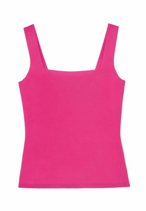 Világos rózsaszín, ujjatlan, kötött trikó széles pántokkal és egyenes nyakkivágással, alkalmi viseletre tervezve.