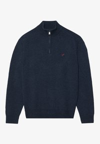 Mörkblå stickad tröja med långa ärmar och en kort dragkedja på ståkragen, med en liten röd broderad logotyp på bröstet.