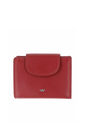 Compact red leather wallet with stitched flap closure and small silver emblem centered on front.