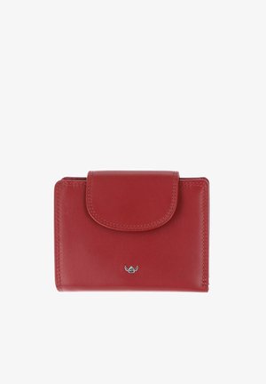Portefeuille compact en cuir rouge avec fermeture à rabat cousu et petit emblème argenté centré à l'avant.