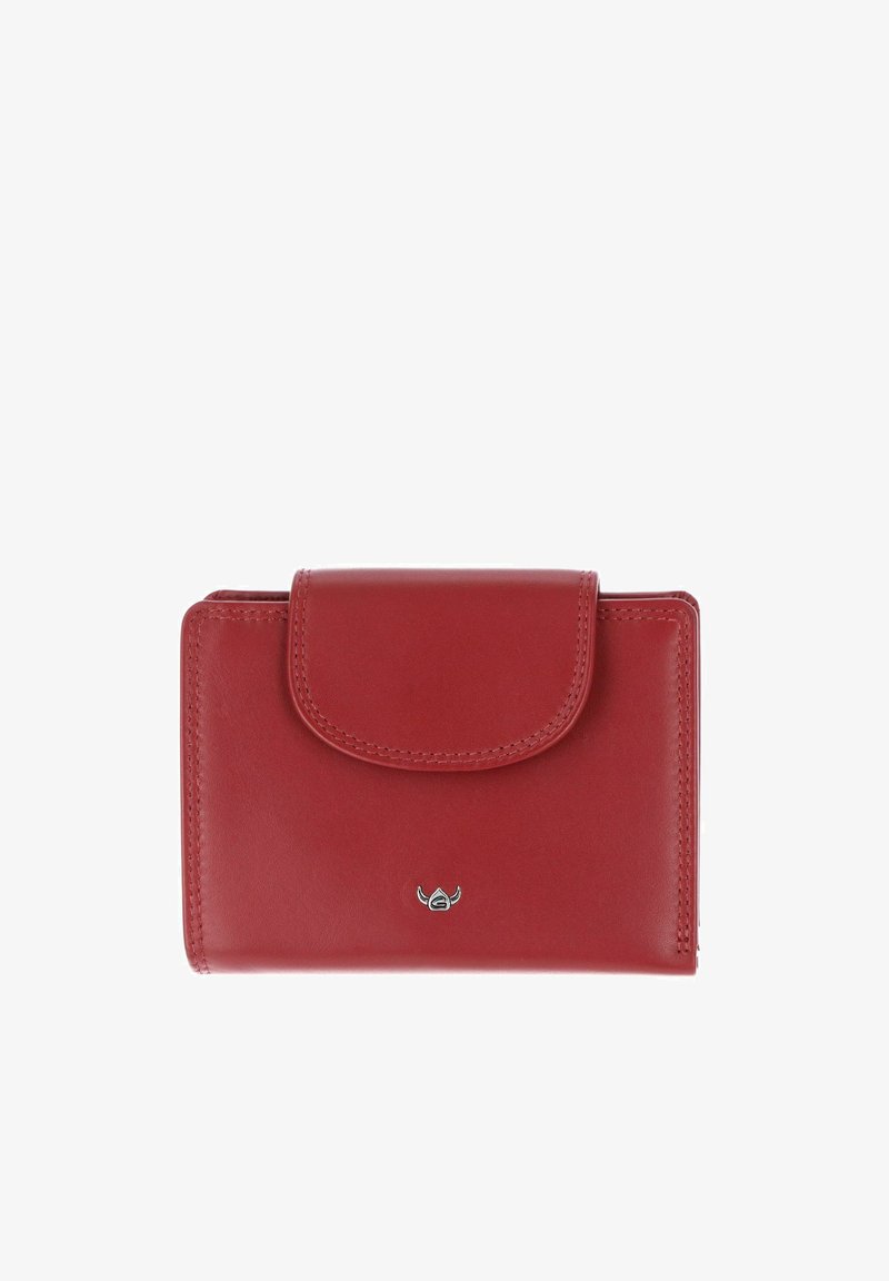 Portefeuille compact en cuir rouge avec fermeture à rabat cousu et petit emblème argenté centré à l'avant.