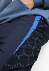 Mornarsko športno kratke hlače z modrim bočnim trakom in hexagonalnim vzorcem. Imajo črn Puma logotip. Narejene so iz gladkega, lahkega materiala.