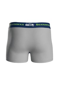 Szare bokserki z granatowym elastycznym pasem w talii z zielonym napisem "Seahawks" i logo. Gładki materiał i dopasowany krój.