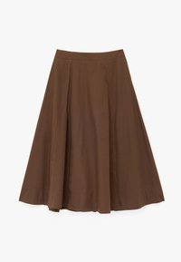 Brun A-line nederdel lavet af letvægtsstof, med en flagrende design, glat tekstur og en bred talje for komfort.