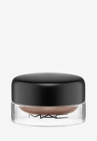MAC cosmetisch product in een heldere glazen pot met een zwarte deksel. Bevat een romige brown product. Gladde textuur, stijlvolle vorm, ronde vorm.
