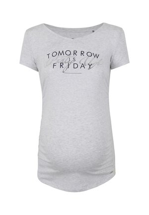 Jasnoszara koszulka ciążowa z krótkim rękawem i czarnym napisem ""Tomorrow is Friday"" z przodu.
