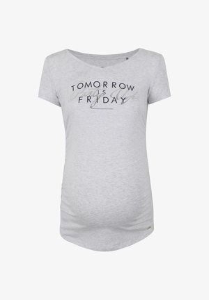 Jasnoszara koszulka ciążowa z krótkim rękawem i czarnym napisem ""Tomorrow is Friday"" z przodu.
