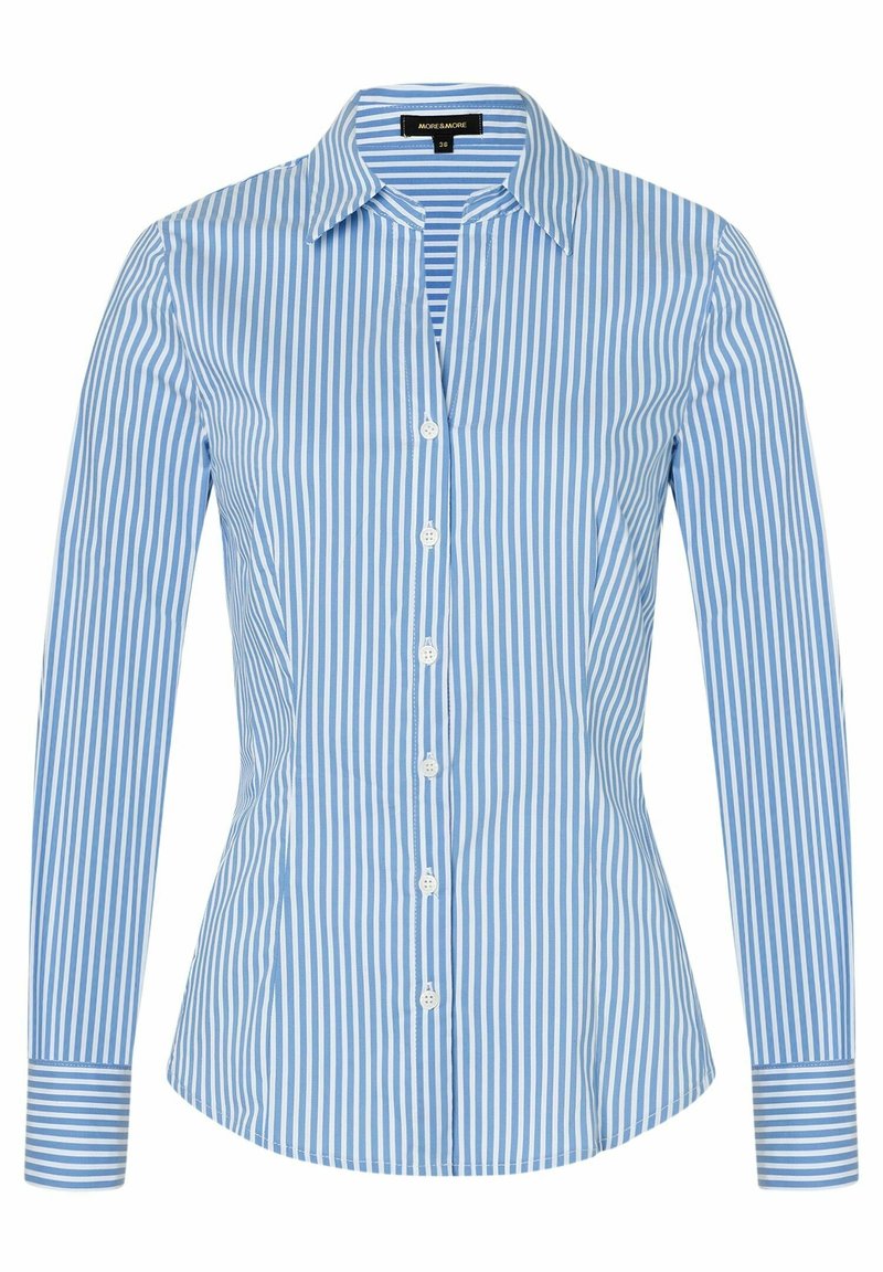 Chemise cintrée pour femmes à boutons, manches longues, col pointu, à rayures verticales bleu clair et blanches.