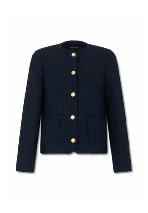 Navyblauw gestructureerd damesjack met lange mouwen, ronde hals, twee steekzakken aan de voorkant en vijf gouden knopen middenvoor.