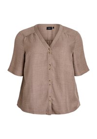 Brown short-sleeve blouse in lightweight fabric, featuring a V-neck, front button closure, and subtle gathers at the shoulders.
