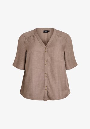 Ruda trumpa rankovė bluzonė iš lengvos medžiagos, su V formos iškirpte, priekyje esančia mygtukų uždarymo dalimi ir švelniais raukšlėjimais ant pečių.