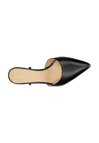 Scarpa nera con punta a stiletto in pelle liscia, con apertura sul retro e soletta beige. Marca "wojas" impressa in argento.