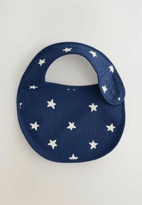 Donkerblauwe geribbelde slab met wit sterrenpatroon en drukknoopsluiting aan één kant, plat liggend op een lichte achtergrond.