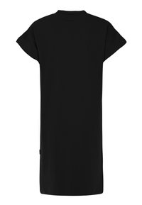 Schwarzes, übergroßes T-Shirt-Kleid mit kurzen, umgeschlagenen Ärmeln, aus weichem Baumwollstoff, mit Rundhalsausschnitt und lässiger Silhouette.