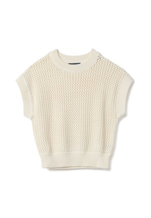 Maglione senza maniche color crema, lavorato a maglia, con scollo rotondo, bordi delle maniche e orlo a coste, caratterizzato da un motivo a trama aperta e texture.