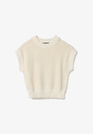 Cremfarbener, gestrickter ärmelloser Pullover mit geripptem Rundhalsausschnitt, Armlöchern und Saum, mit einem strukturierten, offenen Strickmuster.