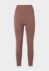 Brown athletic leggings with a high waistband, smooth texture, and flat seams. Features a side pocket for storage and a fitted design.