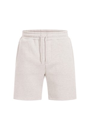 Pantaloni corti in misto cotone grigio chiaro con vita elastica e coulisse, dotati di due tasche laterali e una texture liscia.