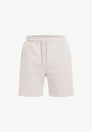 Shorts en mélange de coton gris clair avec une taille élastique et un cordon de serrage, dotés de deux poches latérales et d'une texture lisse.