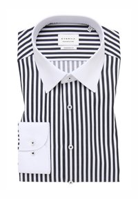 Camicia a righe bianche e nere con colletto classico, dotata di polsini con bottoni e etichetta a vestibilità moderna. Tessuto di cotone morbido con una texture croccante.