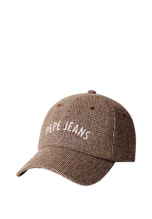 Casquette de baseball marron à motif pied-de-poule avec une visière incurvée et "PEPE JEANS" brodé en blanc à l'avant.