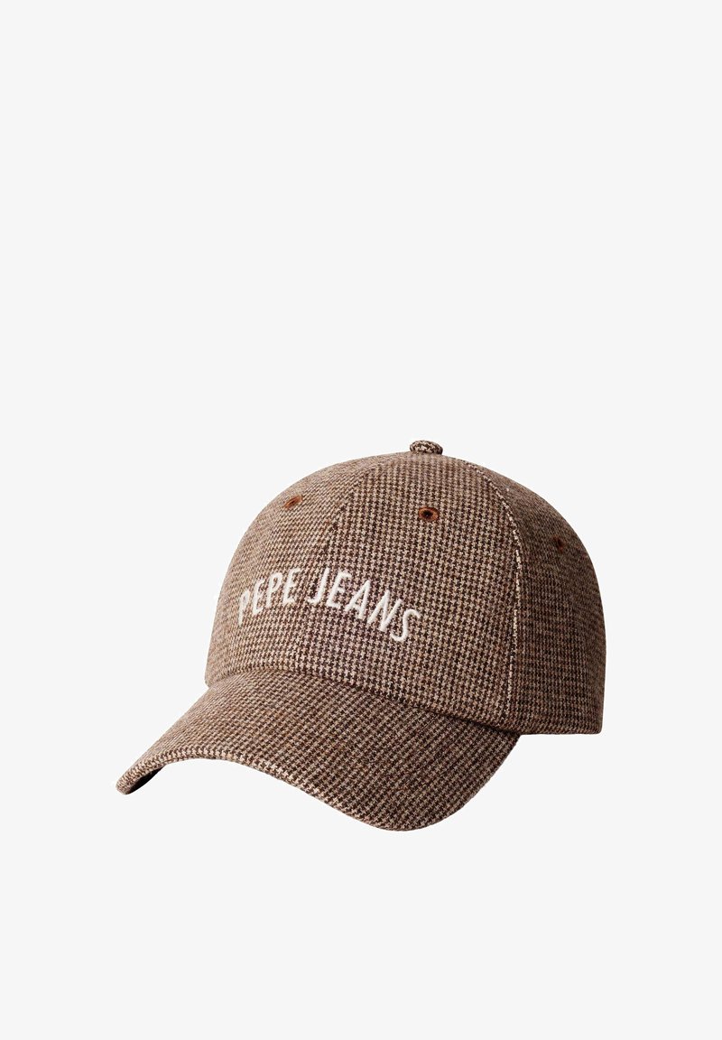 Casquette de baseball marron à motif pied-de-poule avec une visière incurvée et "PEPE JEANS" brodé en blanc à l'avant.