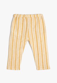 Geel katoenen broek van een katoenmix met witte verticale strepen, voorzien van een elastische tailleband en een rechte pasvorm. Zachte textuur met een casual fit.