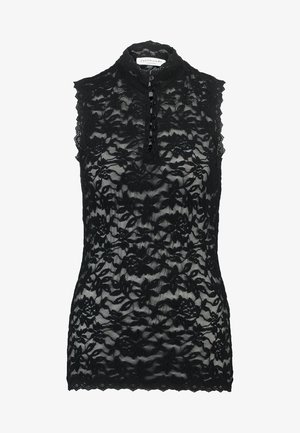 Svart blondetop uten ermer med høy krage, intrikat blomstermønster, knappet front og bølgete kanter. Delikat, semi-gjennomsiktig tekstur.