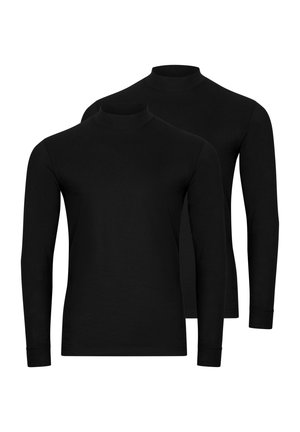Zwei schlichte schwarze Langarmshirts mit Stehkragen, frontseitig vor weißem Hintergrund dargestellt.