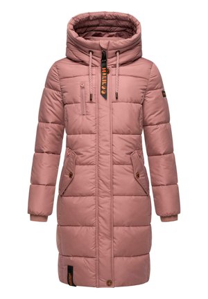 Padded pink long coat with a hood, featuring a zippered pocket, two front flap pockets, and adjustable drawstrings. Smooth texture, casual design.