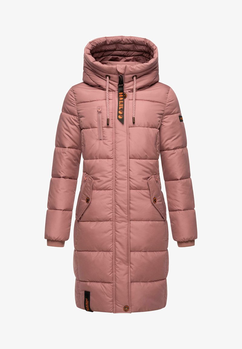 Polstret pink langt frakke med hætte, med en lynlåslomme, to frontlommer med klap og justerbare snore. Glat tekstur, afslappet design.