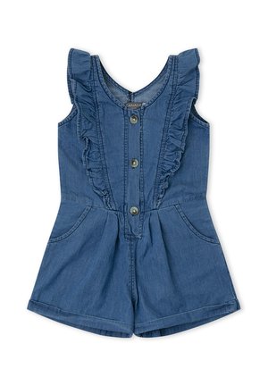Mono corto sin mangas de mezclilla azul con ribete con volantes a lo largo del frente, tres botones en el centro y dos bolsillos laterales.