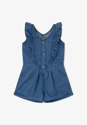 Mono corto sin mangas de mezclilla azul con ribete con volantes a lo largo del frente, tres botones en el centro y dos bolsillos laterales.