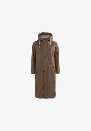 Bruine waterdichte jas met een capuchon, voorste drukknoopsluiting, zijzakken en witte trekkoorden. Beschikt over een gladde textuur en een knielange ontwerp.
