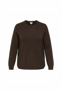 Pull en maille à manches longues, marron foncé, avec un col rond et des détails de boutons le long des deux côtés.