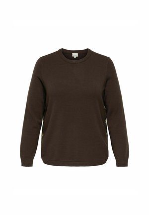 Pull en maille à manches longues, marron foncé, avec un col rond et des détails de boutons le long des deux côtés.