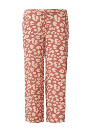 Soft fabric pants in a rust color with a white abstract leopard print, featuring an elastic waistband and drawstring for adjustable fit.