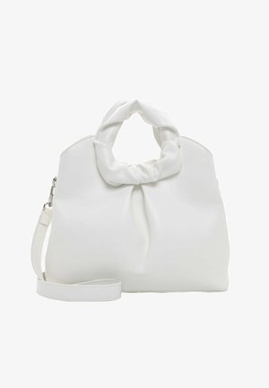 Hvid håndtaske lavet af glat syntetisk materiale, med en samlet topstrop og en justerbar rem, samt en subtil logo detalje.
