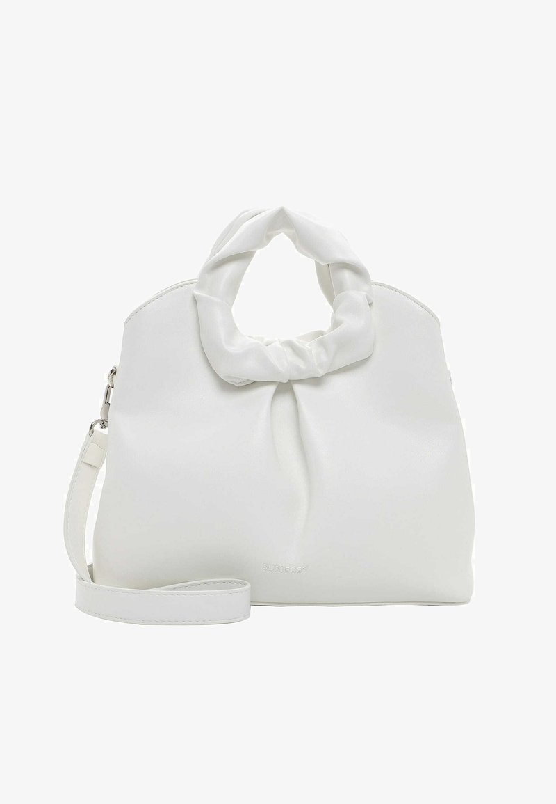 Balta soma, izgatavota no gludas sintētiskās materiāla, ar sakrautām rokturiem un regulējamu siksnu, ar diskrētu logotipa detaļu.