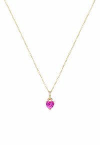 Gouden ketting met een hartvormige roze edelsteen hanger en een kleine metalen accenten, met heldere stenen langs de bail.