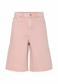 Lyserøde denimshorts med høj talje, der har knaplukning, fem lommer og lige ben. Glat tekstur med minimal pynt.