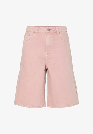 Lyserøde denim shorts med høj talje, der har en knaplukning, fem lommer og lige ben. Glat tekstur med minimal detaljer.